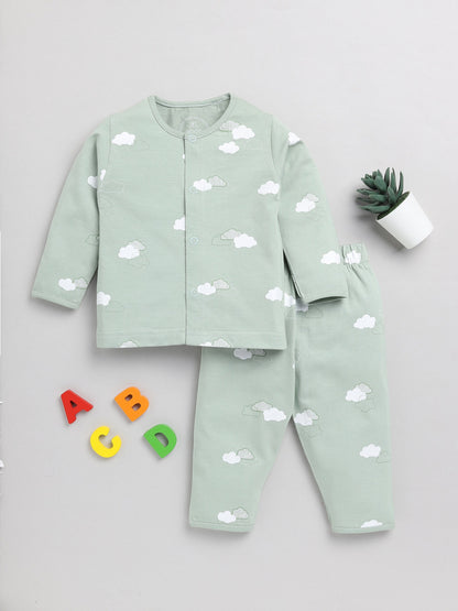 Clouds Green Cotton Full Sleeve Nightwear Set