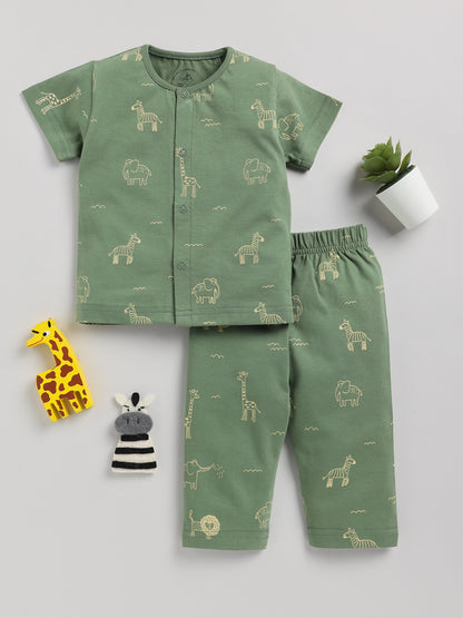 Cute Animal Print Green Half Sleeve Cotton Nightwear Set