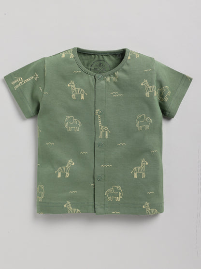 Cute Animal Print Green Half Sleeve Cotton Nightwear Set