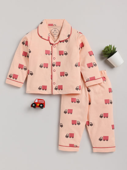 Truck Print Peach Full Sleeve Cotton Nightwear Set