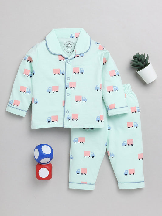 Truck Print Sea Green Cotton Full Sleeve Nightwear Set