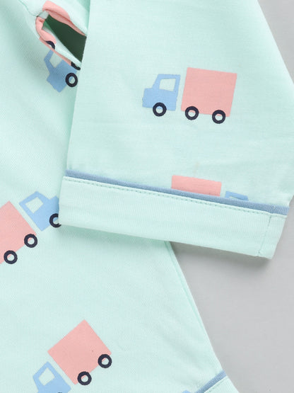 Truck Print Sea Green Cotton Full Sleeve Nightwear Set