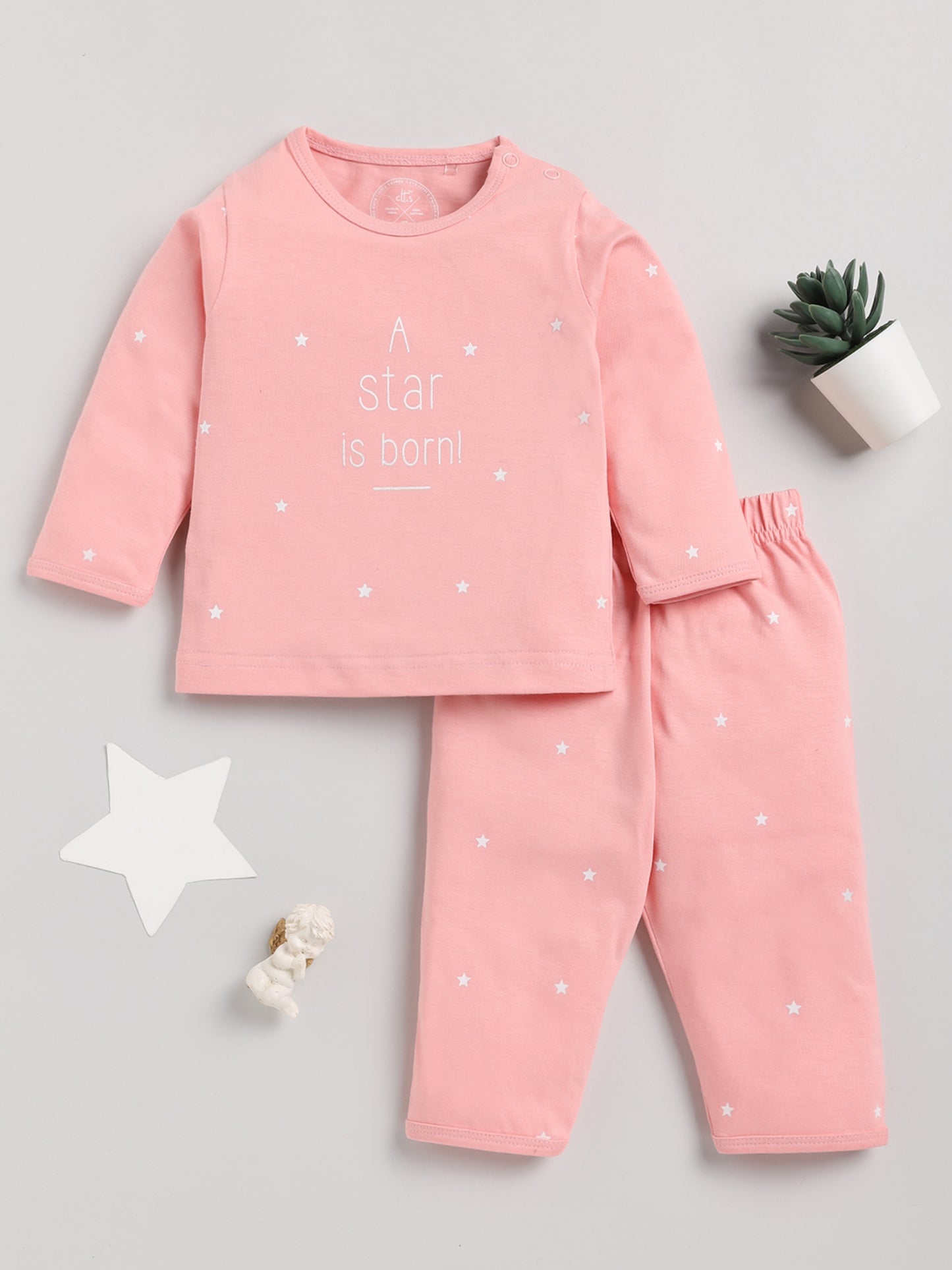 Star is Born Pink Full Sleeve Cotton Nightwear Set