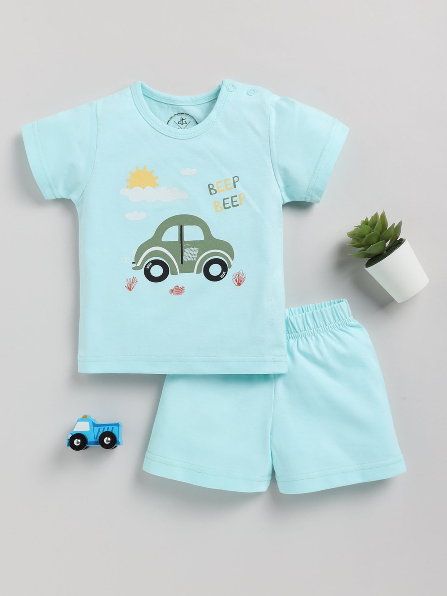 Car Print Blue Half Sleeve Cotton Nightwear Set