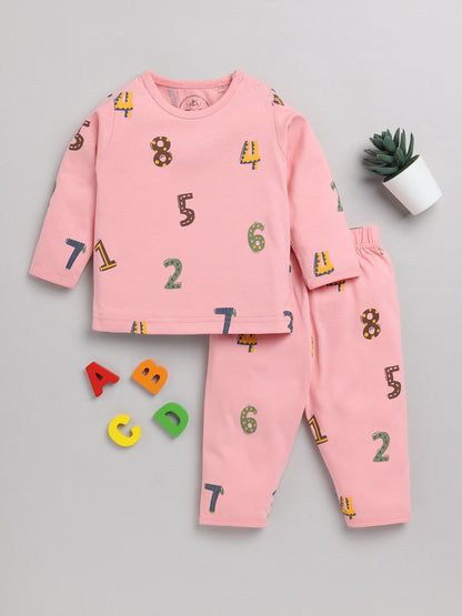 Numbers Print Pink Cotton Full Sleeve Nightwear Set