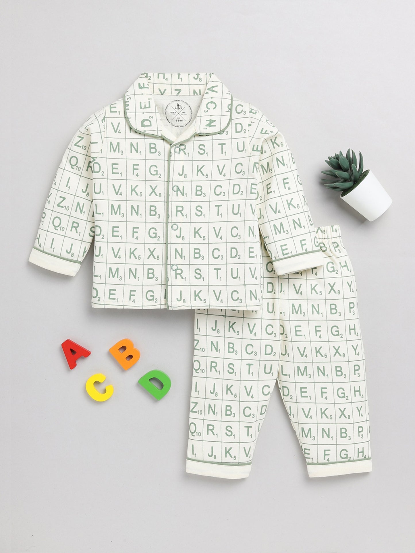 Alphabets Graphic Cream Cotton Full Sleeve Nightwear Set