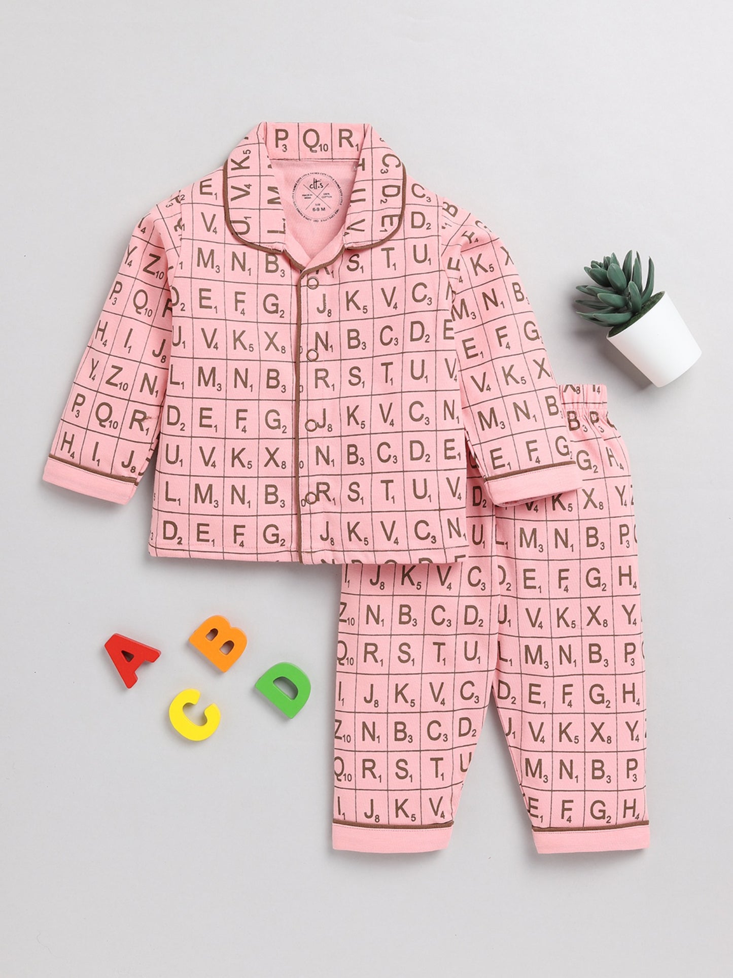 Alphabets Pink Cotton Full Sleeve Nightwear Set