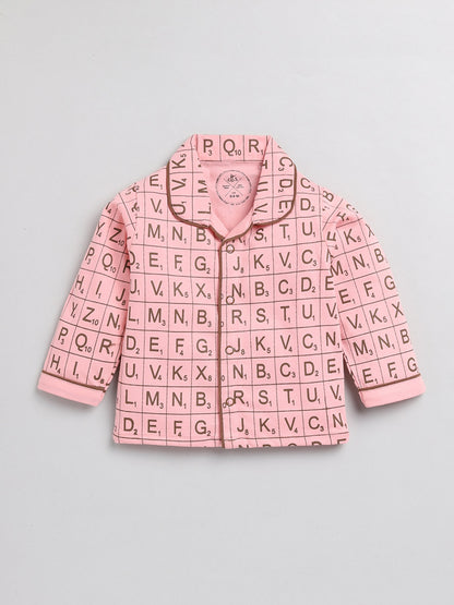 Alphabets Pink Cotton Full Sleeve Nightwear Set