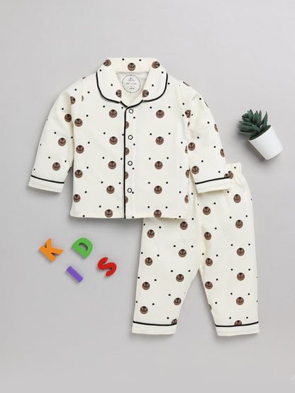 Cream Bear Cotton Full Sleeve Nightwear Set