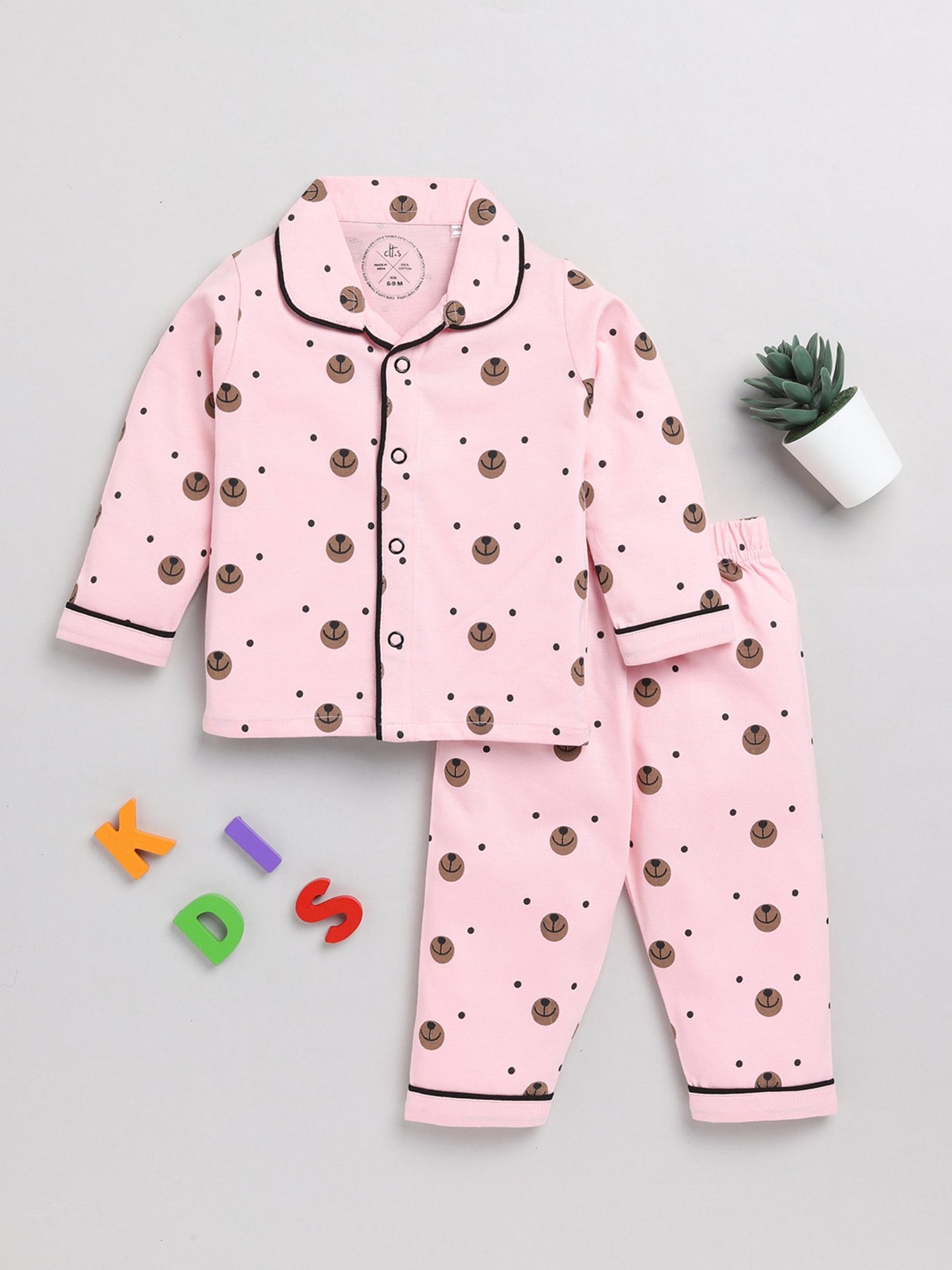 Pink Bear Cotton Full Sleeve Nightwear Set