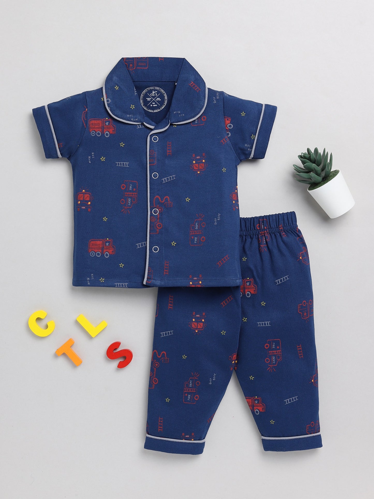 Blue Fire Truck Graphic Cotton Half Sleeve Nightwear Set