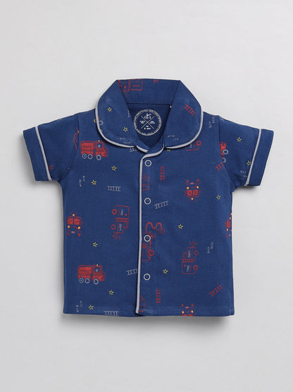 Blue Fire Truck Graphic Cotton Half Sleeve Nightwear Set