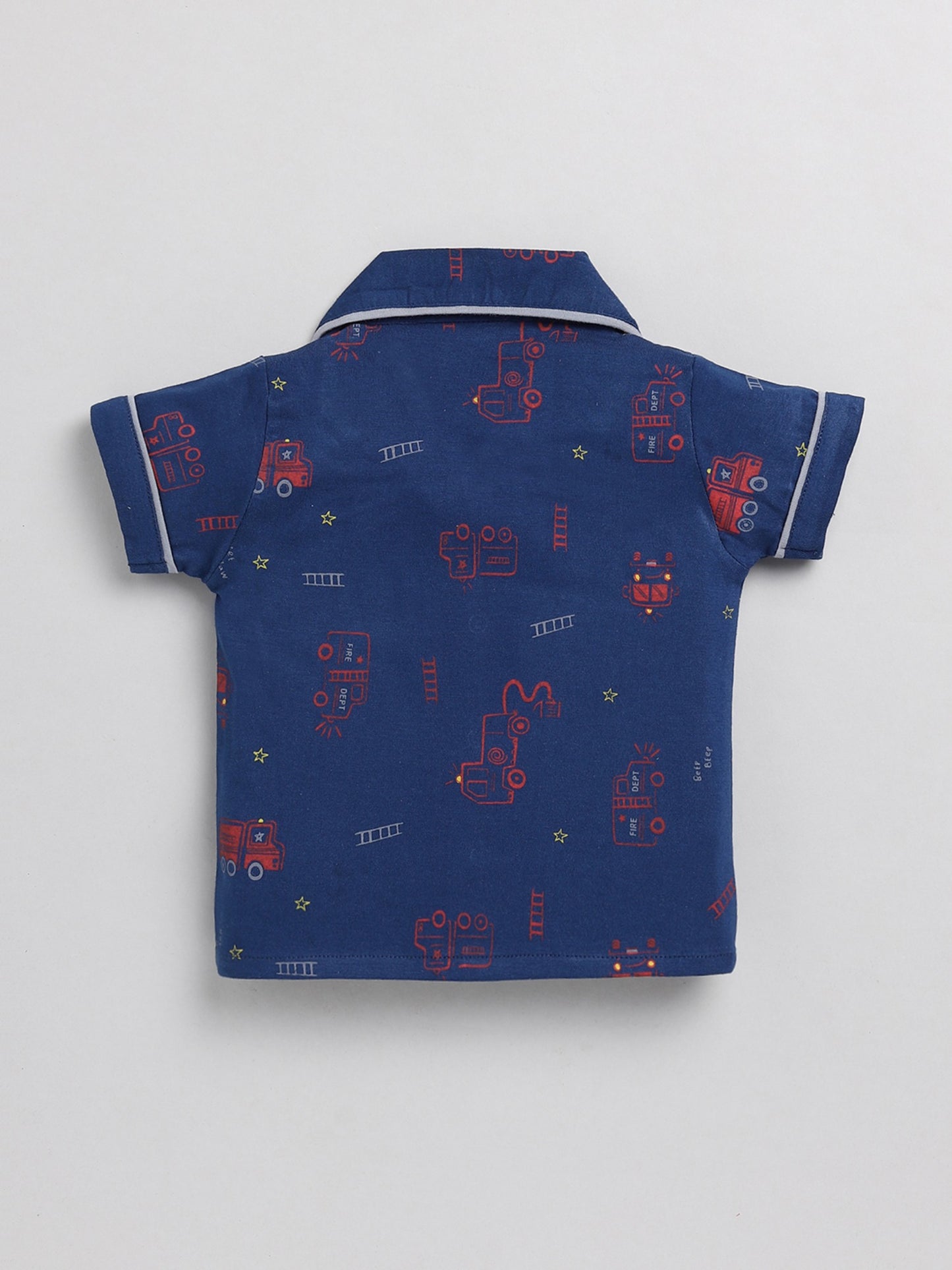 Blue Fire Truck Graphic Cotton Half Sleeve Nightwear Set