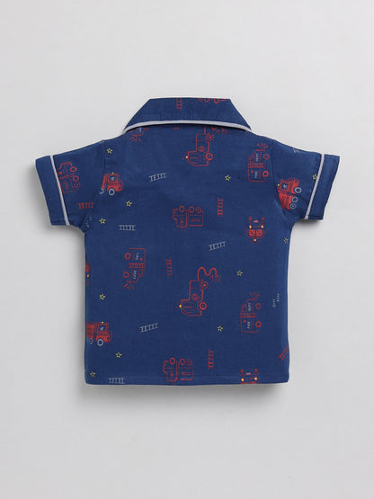 Blue Fire Truck Graphic Cotton Half Sleeve Nightwear Set