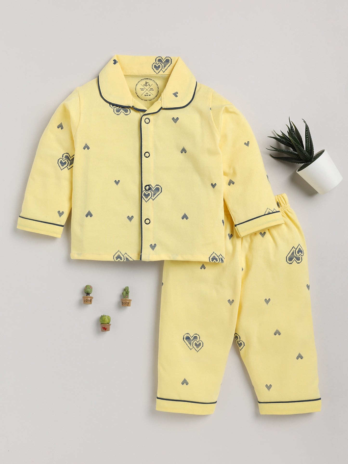 Yellow Hearts Full Sleeve Cotton Nightwear Set