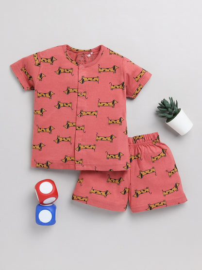 Dog Print Brown Cotton Half Sleeve Nightwear Set