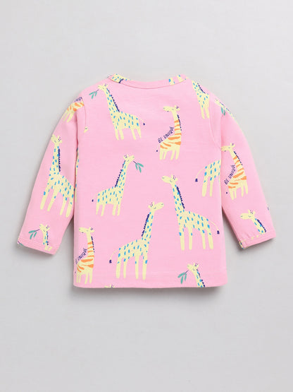 Giraffe Print Pink Cotton Full Sleeve Nightwear Set