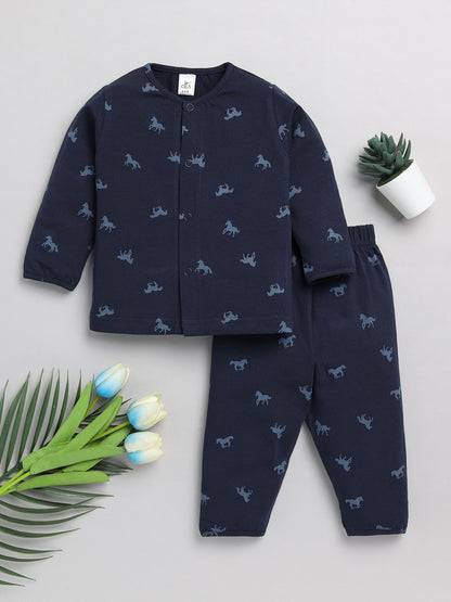 Horse Blue Cotton Full Sleeve Nightwear Set