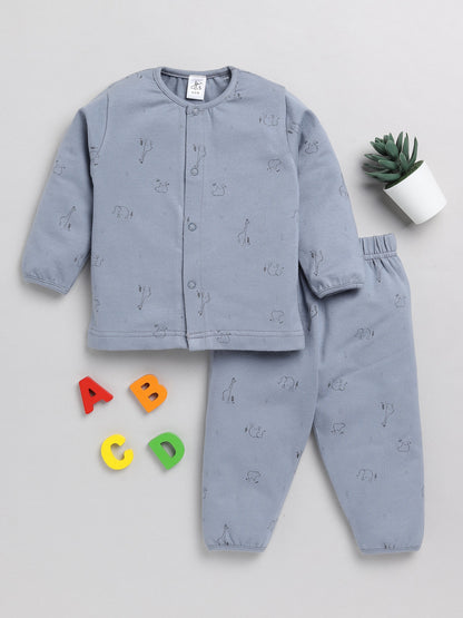 Animals Graphic Blue Cotton Full Sleeve Nightwear Set