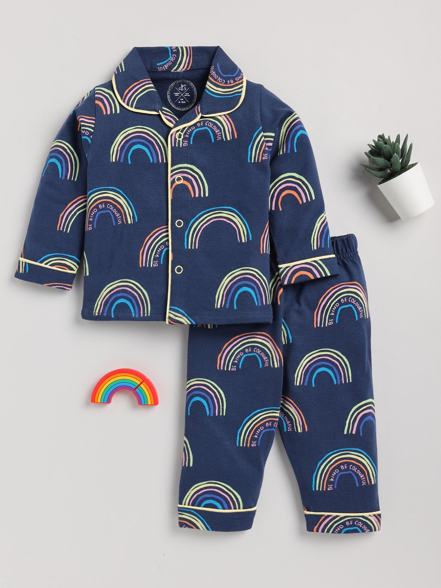 Rainbow Print Blue Full Sleeve Cotton Nightwear Set