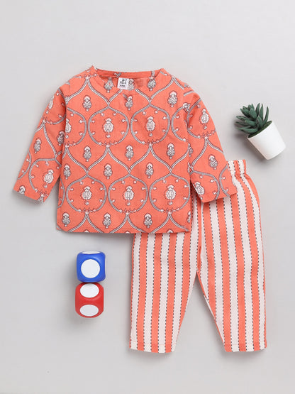 Floral Orange Cotton Kurta & Pyjamas Nightwear Set