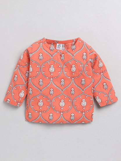 Floral Orange Cotton Kurta & Pyjamas Nightwear Set