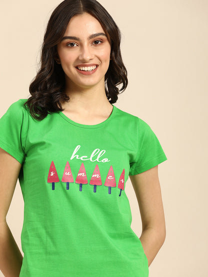 Women Green & Pink Graphic Printed Boyfriend T-shirt(Cotton)