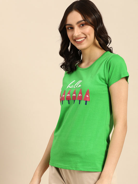 Women Green & Pink Graphic Printed Boyfriend T-shirt(Cotton)