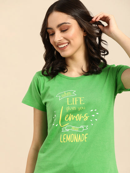 Women Green Printed Boyfriend T-shirt(Cotton)