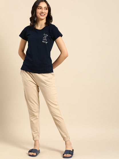 Navy Blue & Cream Typography Printed Boyfriend T-shirt(Cotton)