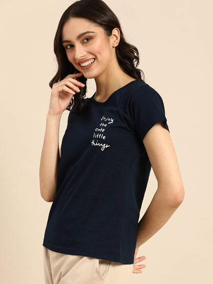 Navy Blue & Cream Typography Printed Boyfriend T-shirt(Cotton)