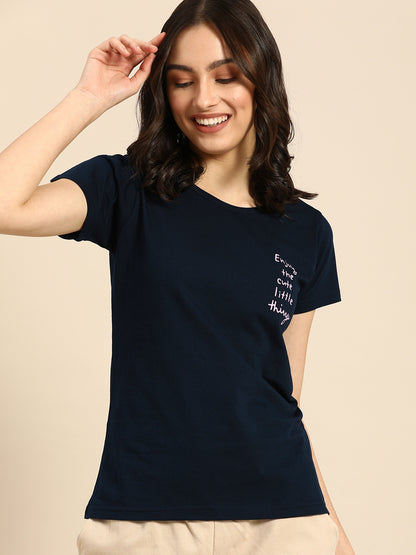 Navy Blue & Pink Typography Printed Boyfriend T-shirt(Cotton)