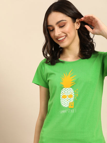 Green Graphic Printed Boyfriend T-shirt(Cotton)