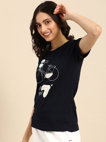 Blue Printed Boyfriend T-shirt(Cotton)