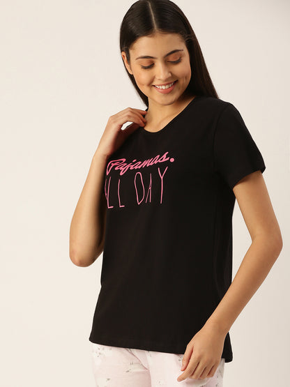 Women Black Typography Printed Boyfriend T-shirt(Cotton)